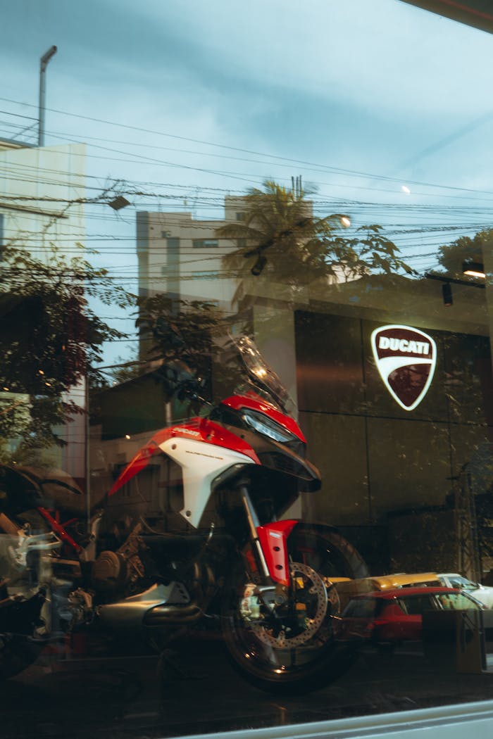 who-we-are Ducati motorcycle displayed in an indoor showroom in Bengaluru, India.